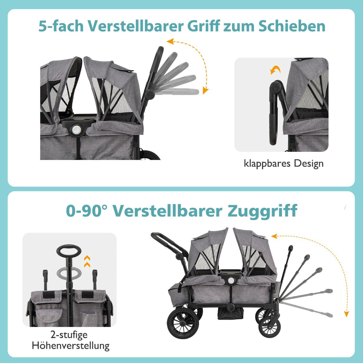 Foldable Double Stroller with Adjustable Handle, Grey