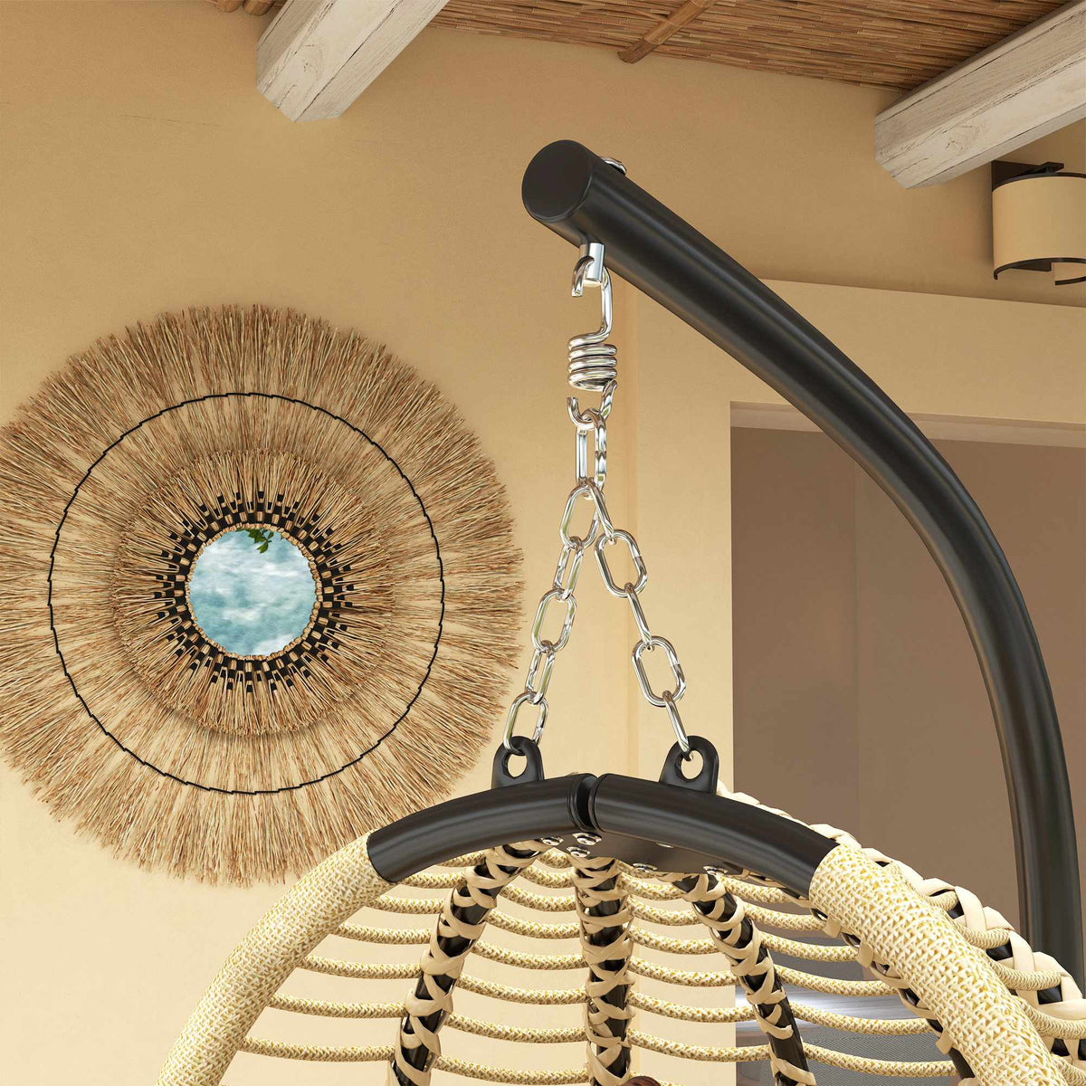 Foldable Egg-Shaped Hanging Chair with Stand, Beige
