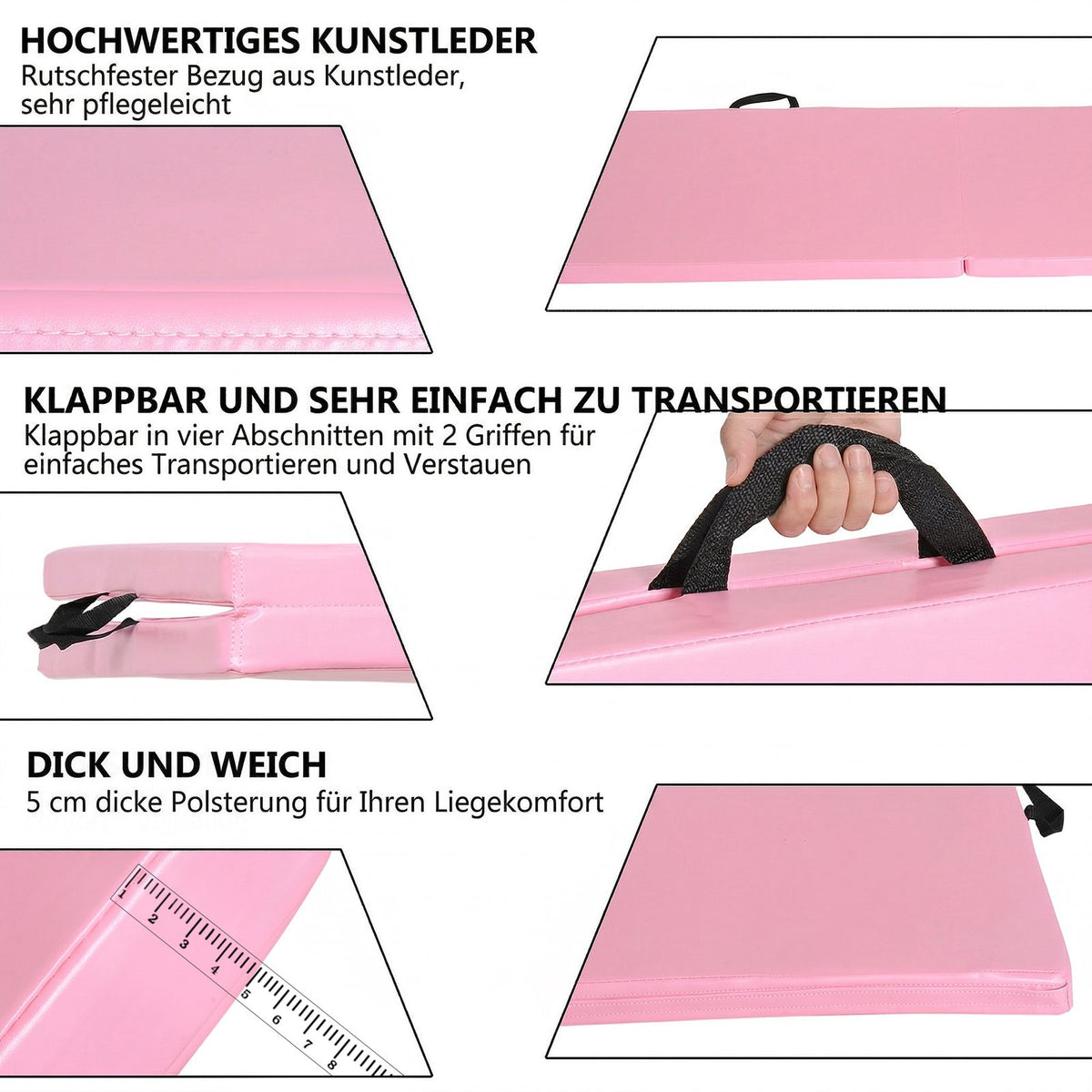 Foldable Fitness Mat with Handles, 180x60x5 cm, Pink