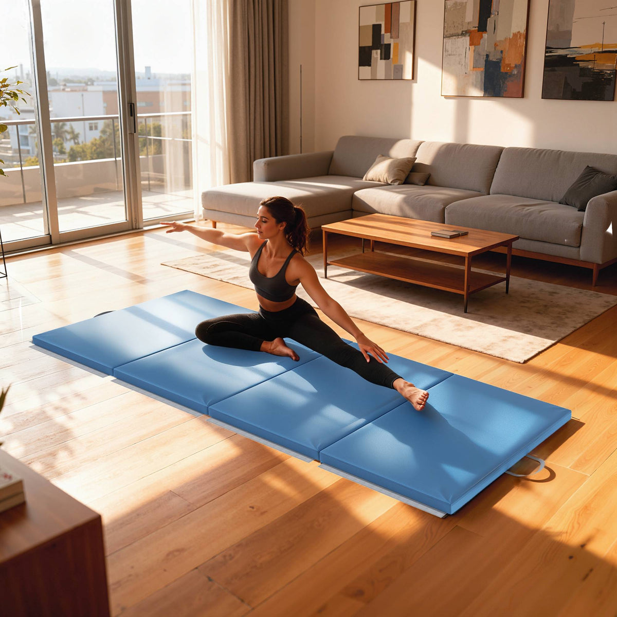 Foldable Fitness Mat with Handles, 240x120x5 cm, Light Blue