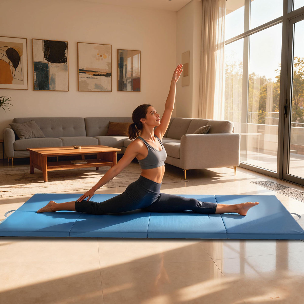 Foldable Fitness Mat with Handles, 240x120x5 cm, Light Blue