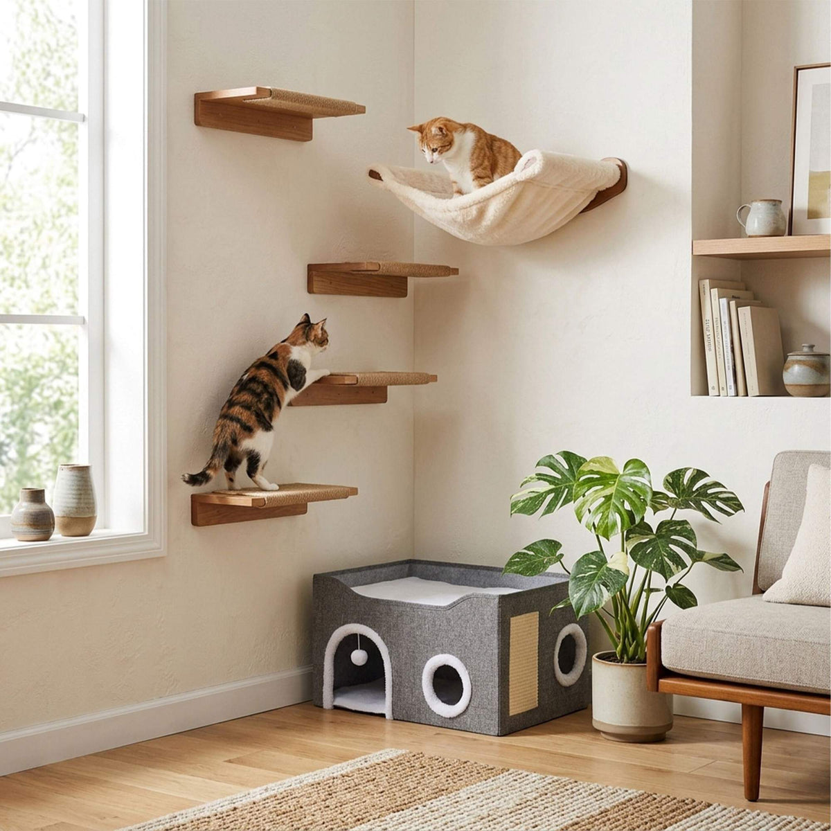 Foldable Grey Cat Cave with Scratch Pad and Cushions