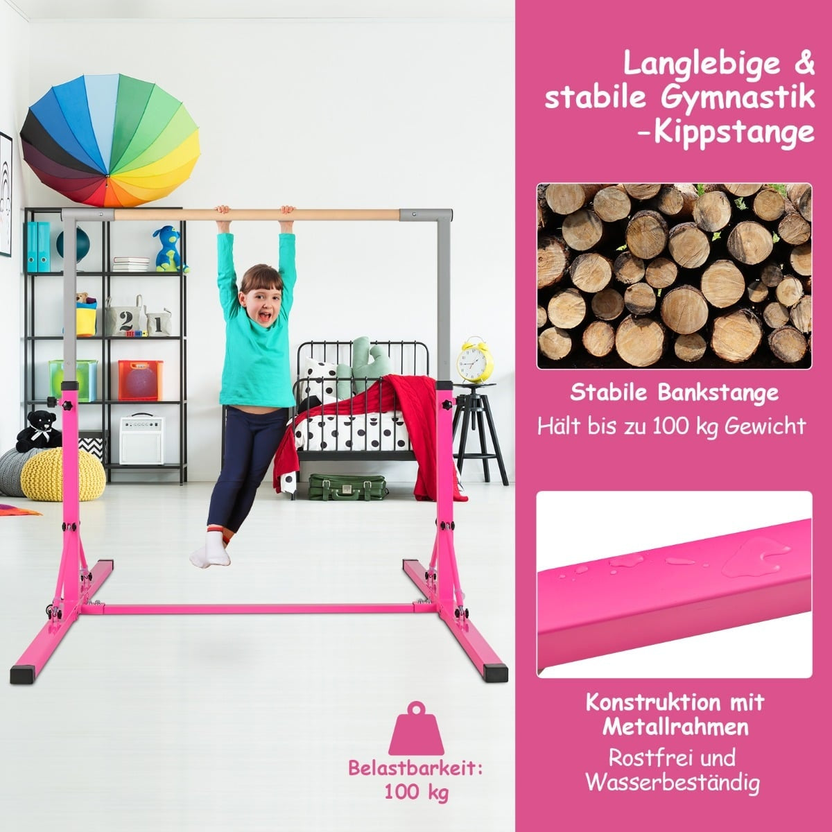 Foldable Gymnastics Bar for Kids, Adjustable Height, Pink