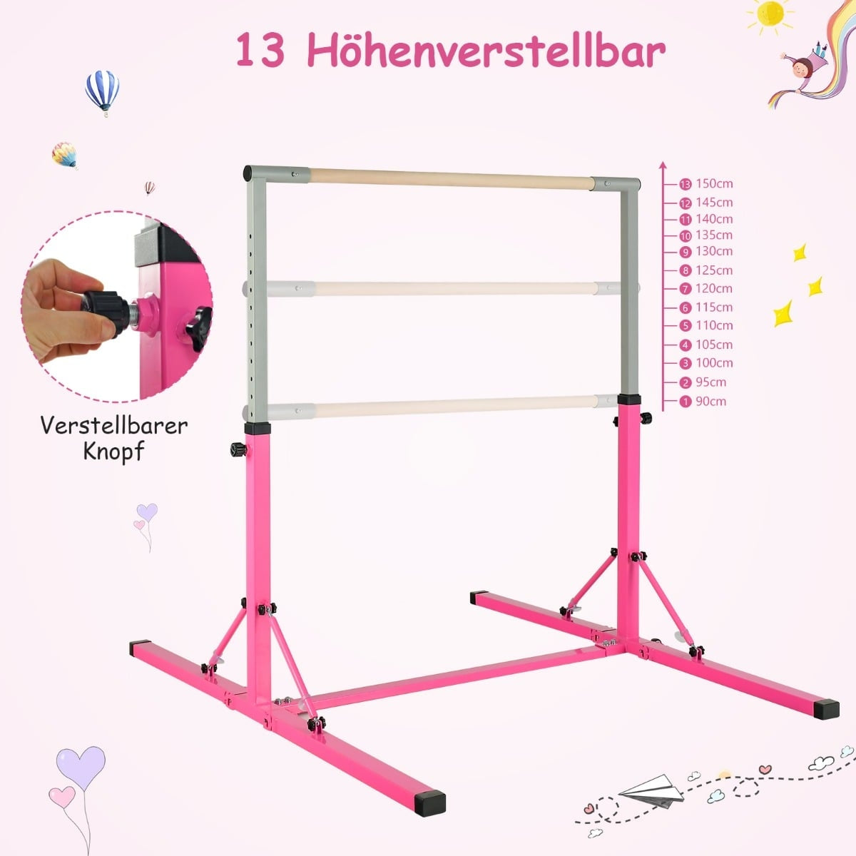 Foldable Gymnastics Bar for Kids, Adjustable Height, Pink