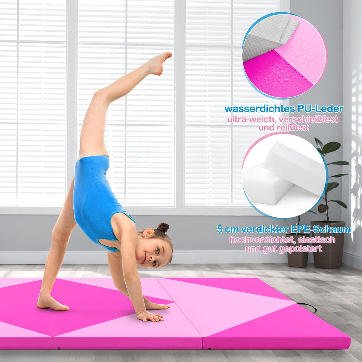 Foldable Gymnastics Mat, 240x117x5 cm, PU Leather, Pink
