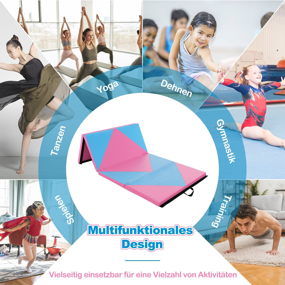 Foldable Gymnastics Mat, 240x117x5cm, Pink/Blue