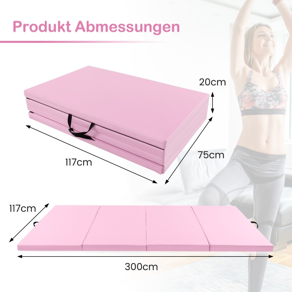Foldable Gymnastics Mat, 300x117x5 cm, Pink, PU Cover