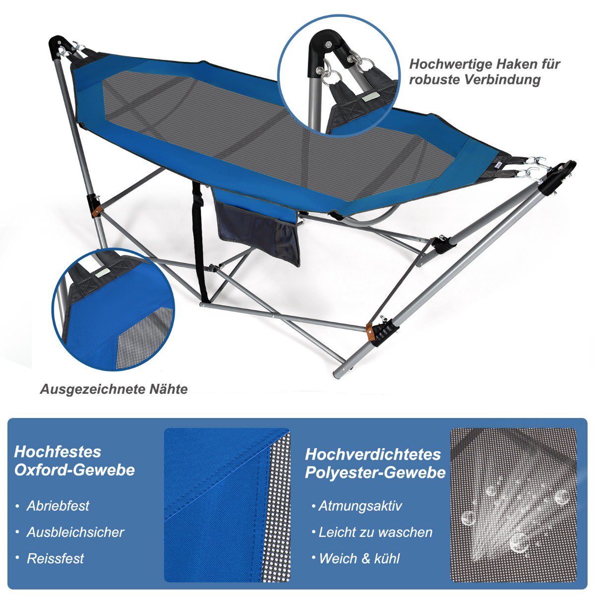 Foldable Hammock with Stand and Side Pocket, 150kg Capacity