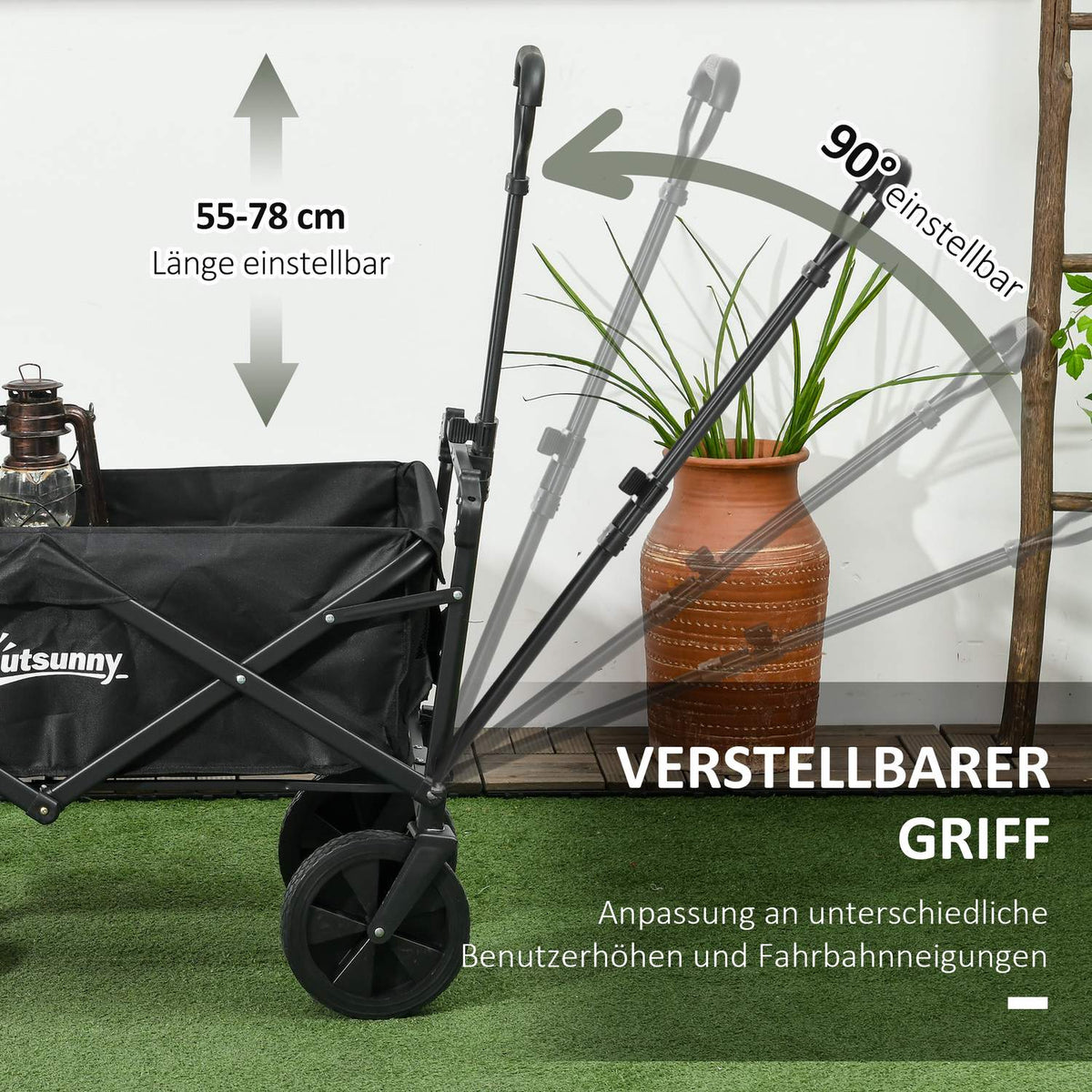 Foldable Handcart, Transport Trolley With Sun Canopy, Handcart With Handle, Garden Trolley With Carry Bag, Load Capacity Up To 110 Kg, Oxford, Black