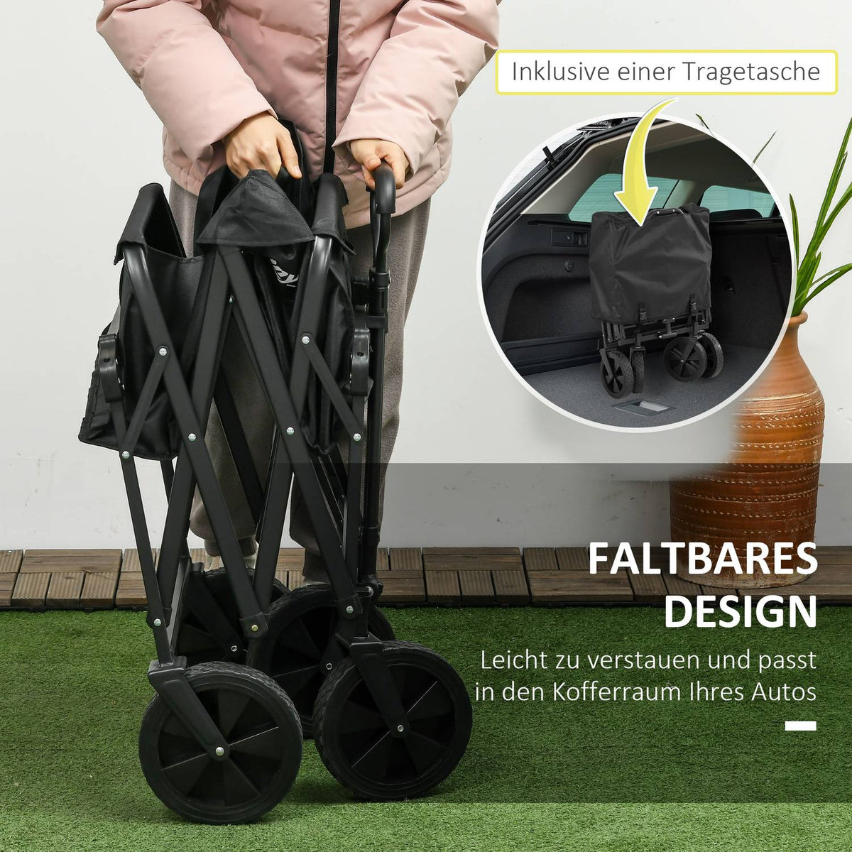 Foldable Handcart, Transport Trolley With Sun Canopy, Handcart With Handle, Garden Trolley With Carry Bag, Load Capacity Up To 110 Kg, Oxford, Black