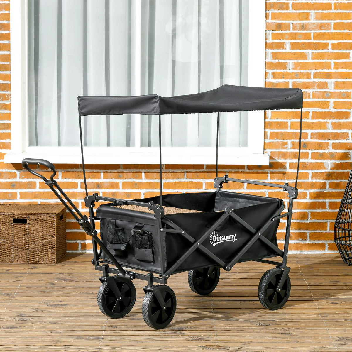 Foldable Handcart, Transport Trolley With Sun Canopy, Handcart With Handle, Garden Trolley With Carry Bag, Load Capacity Up To 110 Kg, Oxford, Black