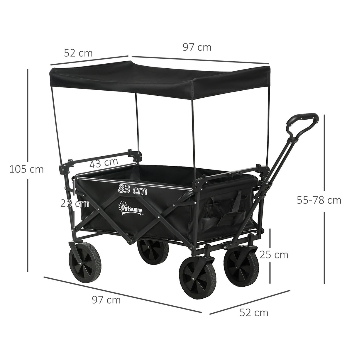 Foldable Handcart, Transport Trolley With Sun Canopy, Handcart With Handle, Garden Trolley With Carry Bag, Load Capacity Up To 110 Kg, Oxford, Black