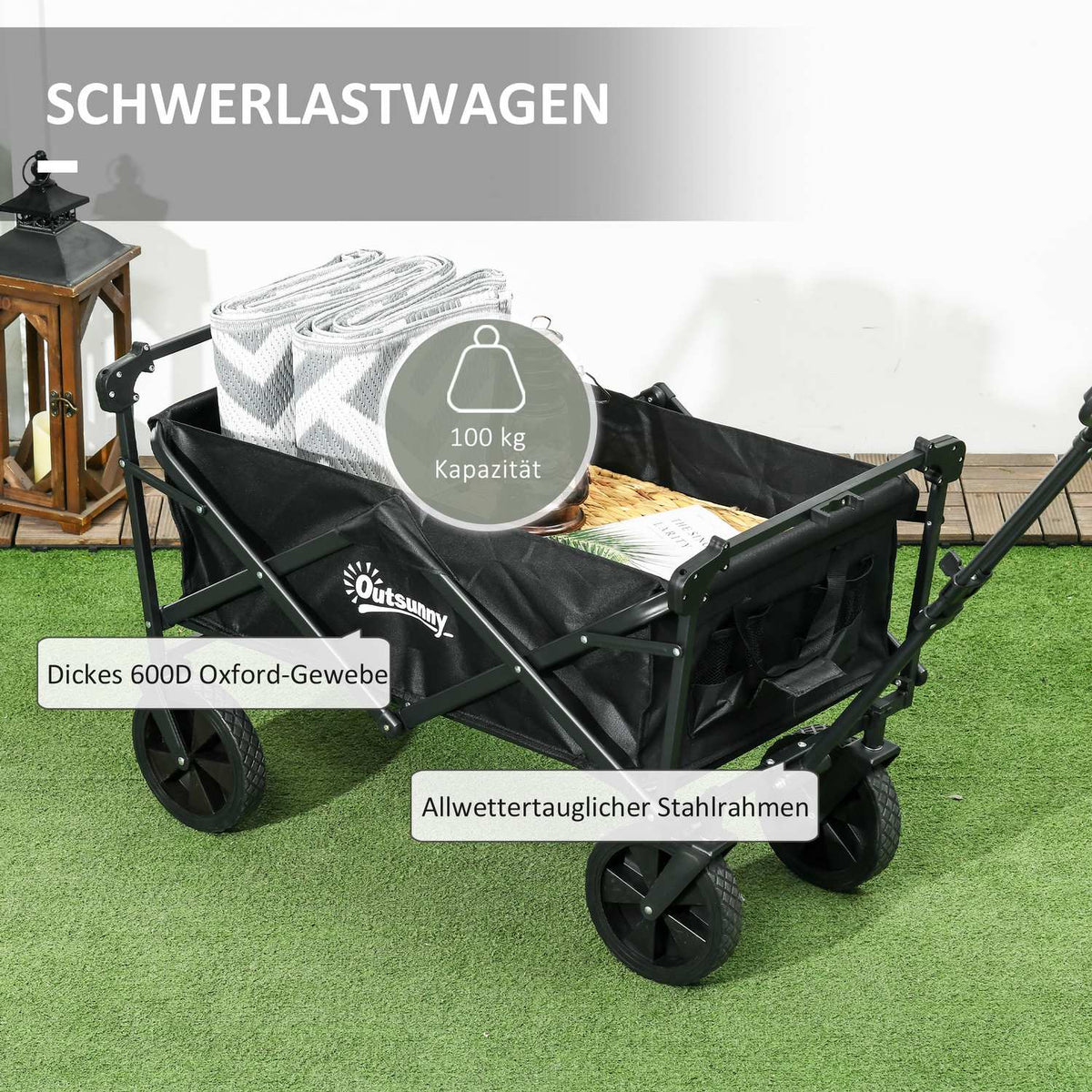 Foldable Handcart, Transport Trolley With Sun Canopy, Handcart With Handle, Garden Trolley With Carry Bag, Load Capacity Up To 110 Kg, Oxford, Black