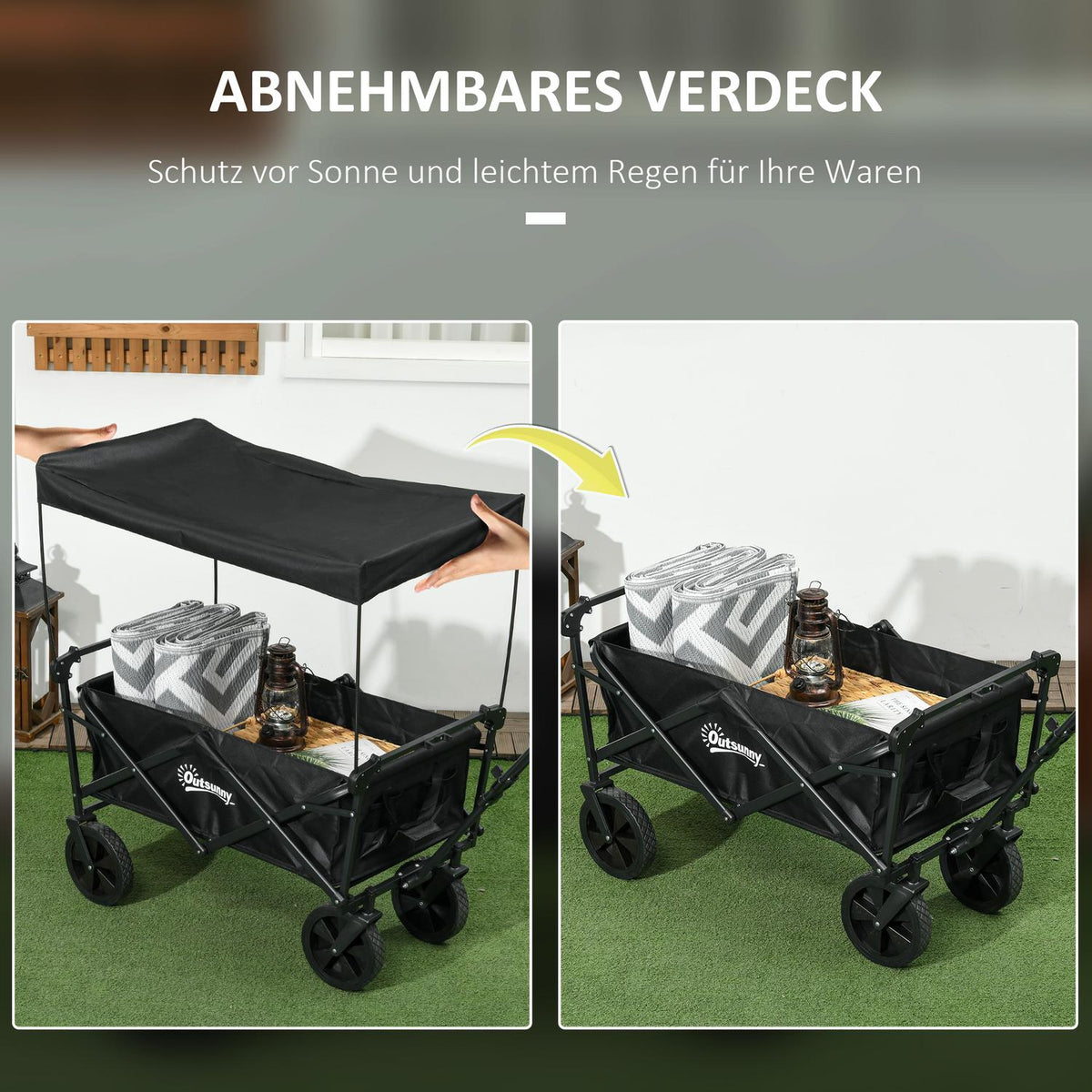 Foldable Handcart, Transport Trolley With Sun Canopy, Handcart With Handle, Garden Trolley With Carry Bag, Load Capacity Up To 110 Kg, Oxford, Black