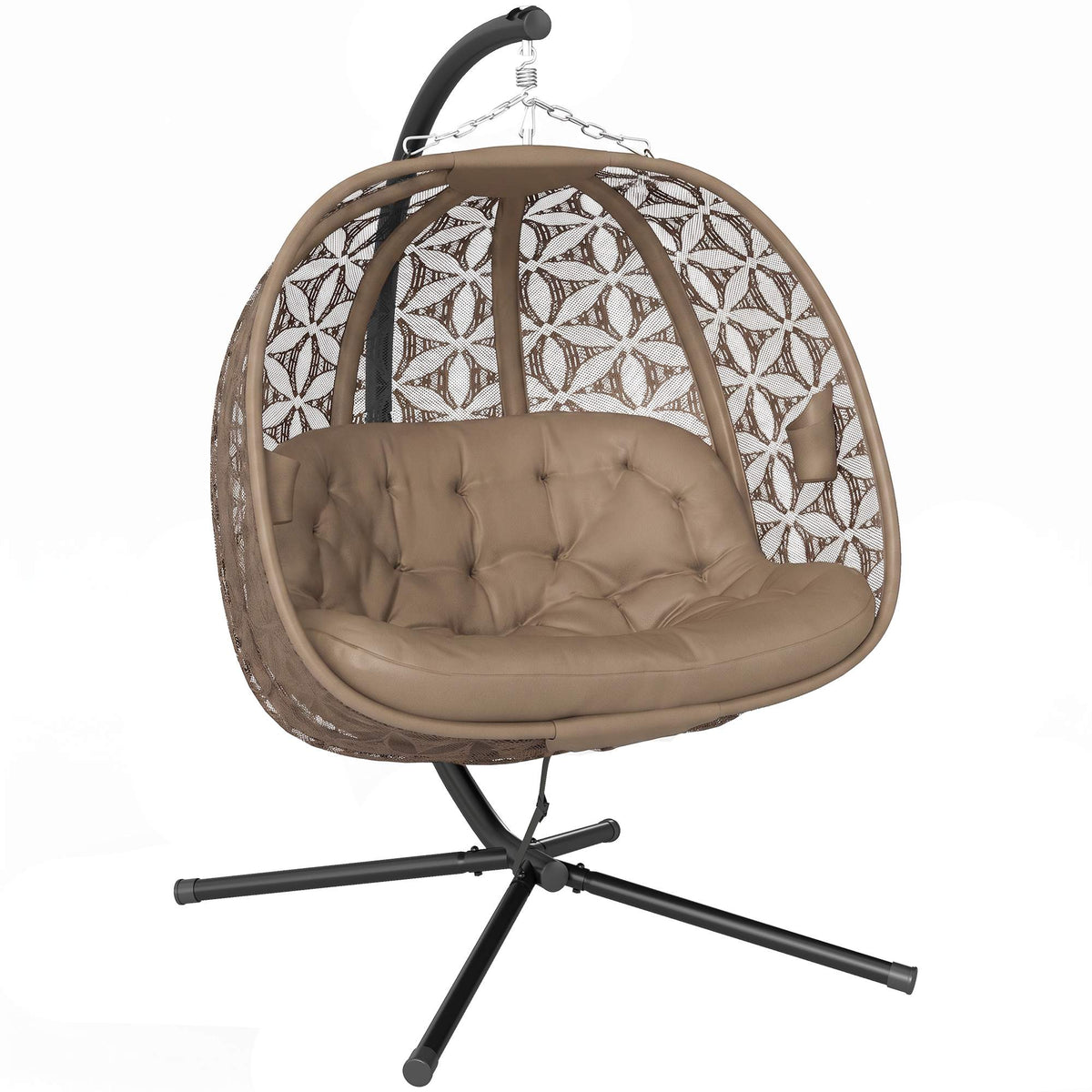 Foldable Hanging Chair with Stand for 2, Cushions & Cup Holders