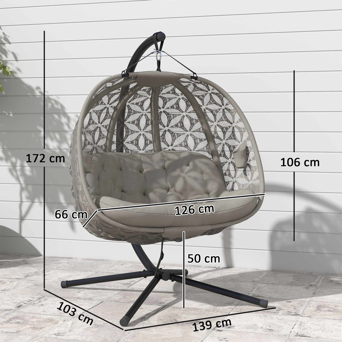 Foldable Hanging Chair with Stand for 2, Cushions & Cup Holders