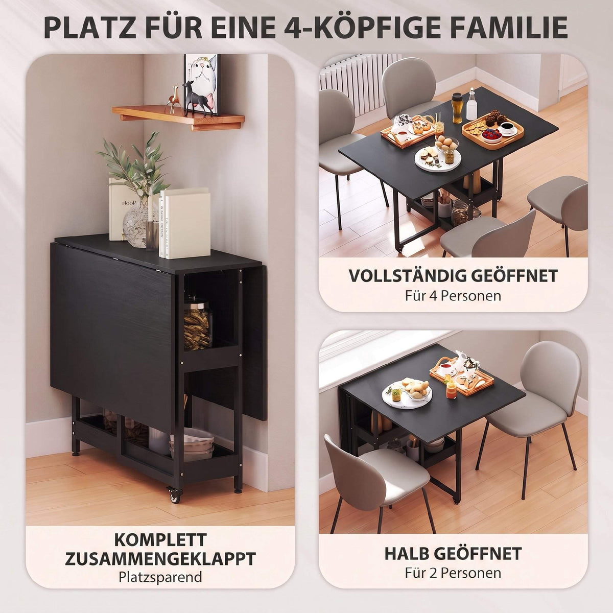 Foldable Industrial Dining Table, Black, Seats 4, Open Shelves