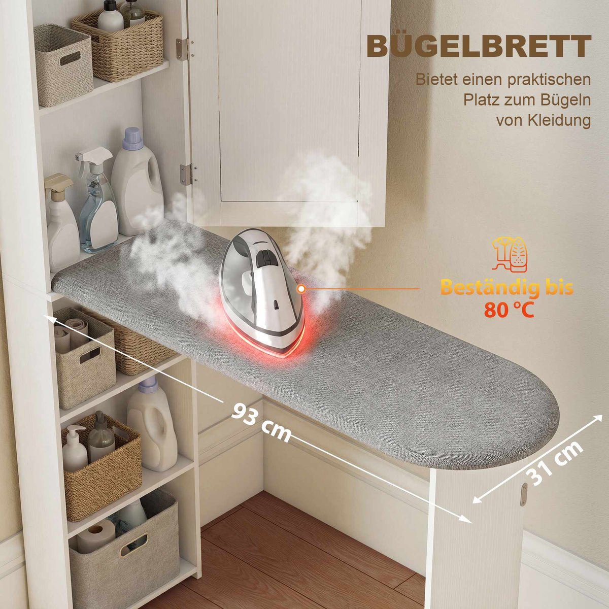 Foldable Ironing Board Cabinet with Mirror and Shelves, White