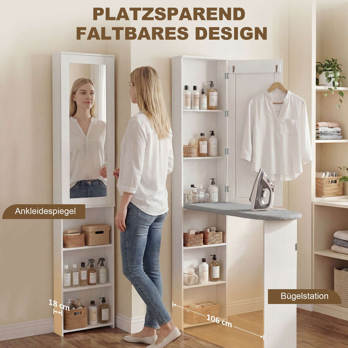 Foldable Ironing Board Cabinet with Mirror and Shelves, White