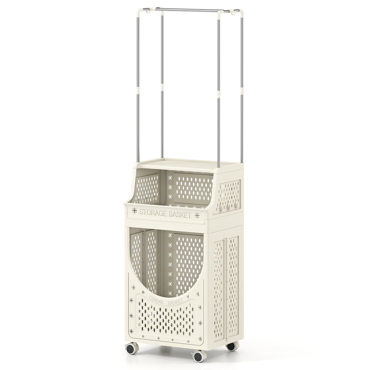 Foldable Laundry Cart with Hanging Rod & Lockable Wheels