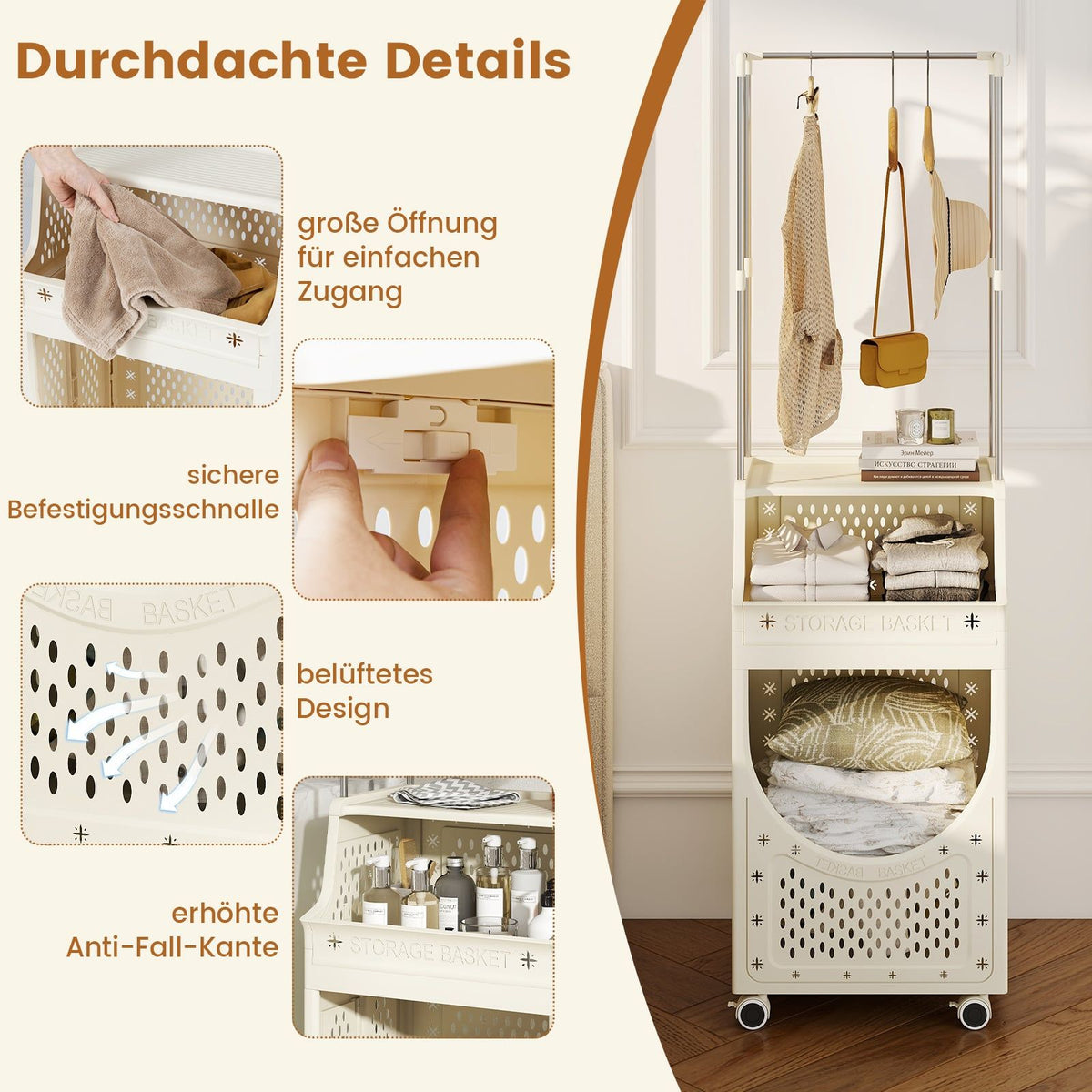Foldable Laundry Cart with Hanging Rod & Lockable Wheels