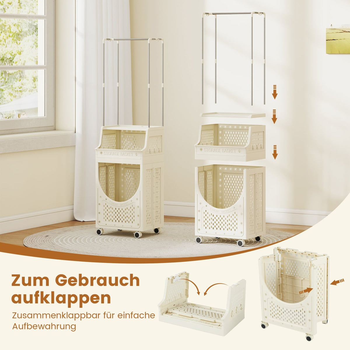 Foldable Laundry Cart with Hanging Rod & Lockable Wheels