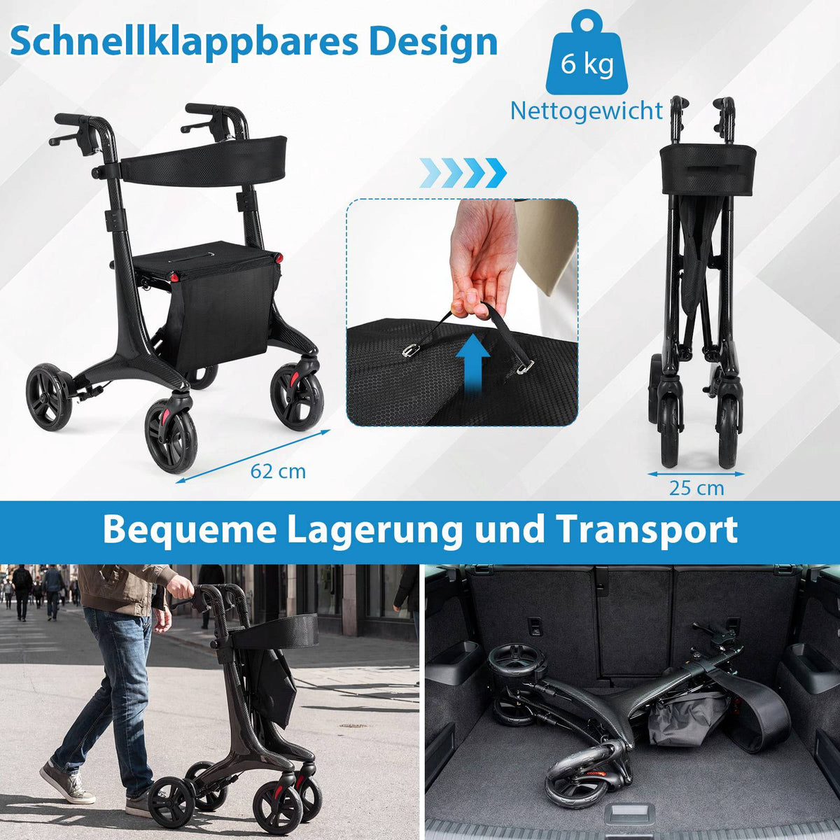 Foldable Lightweight Rollator with Seat, Carbon Fiber, Black