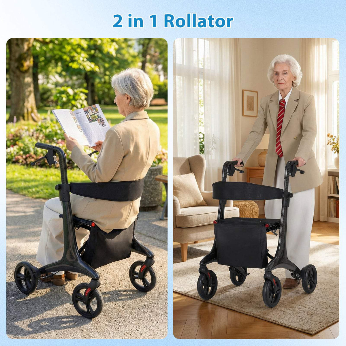 Foldable Lightweight Rollator with Seat, Carbon Fiber, Black