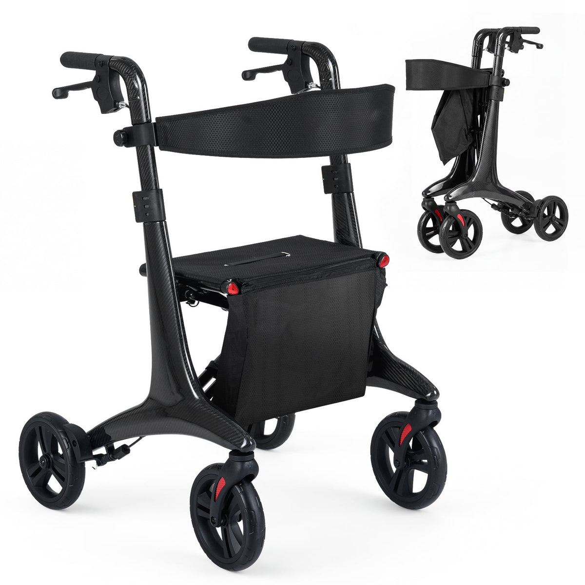 Foldable Lightweight Rollator with Seat, Carbon Fiber, Black