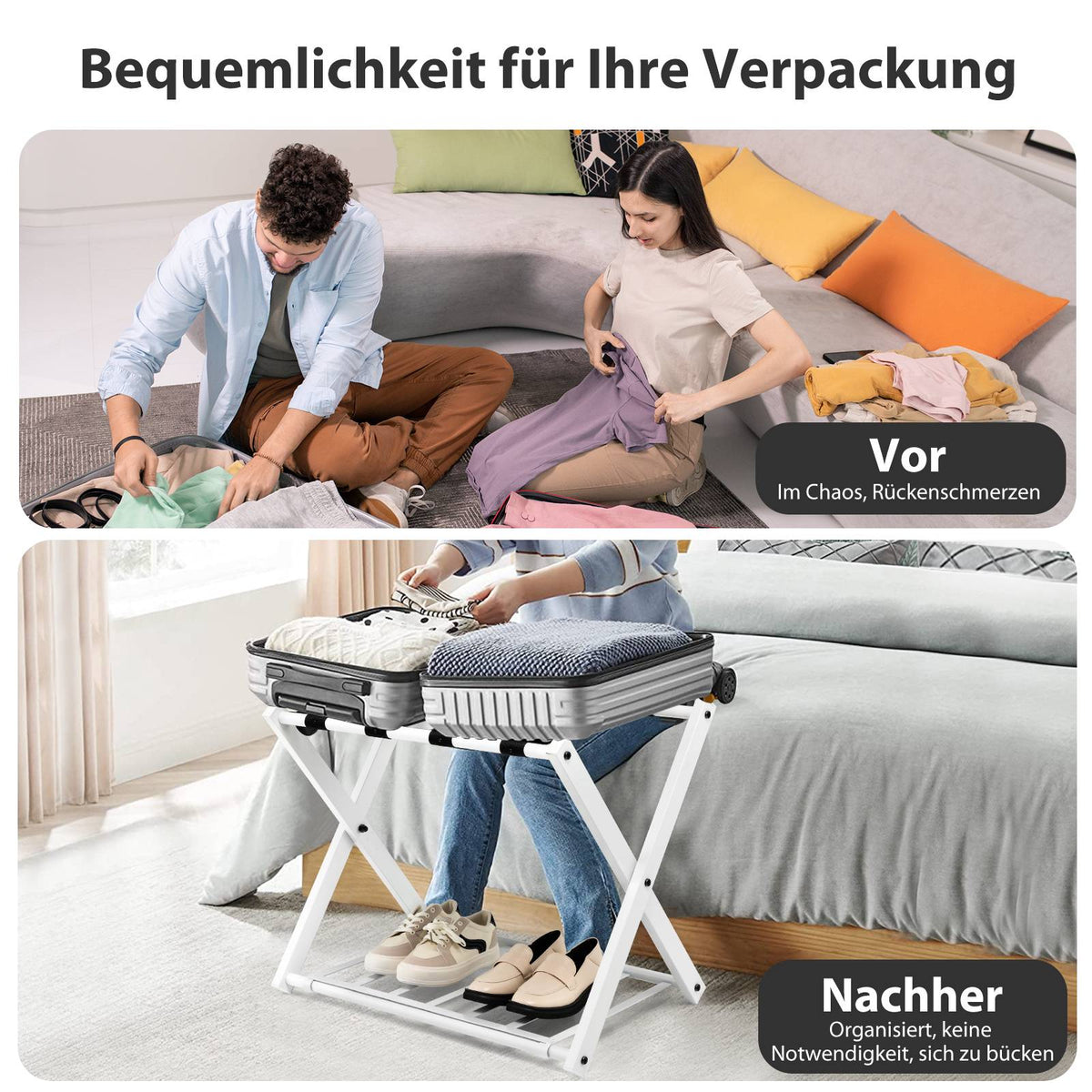 Foldable Luggage Rack, 2-Tier Metal, 60 kg, White