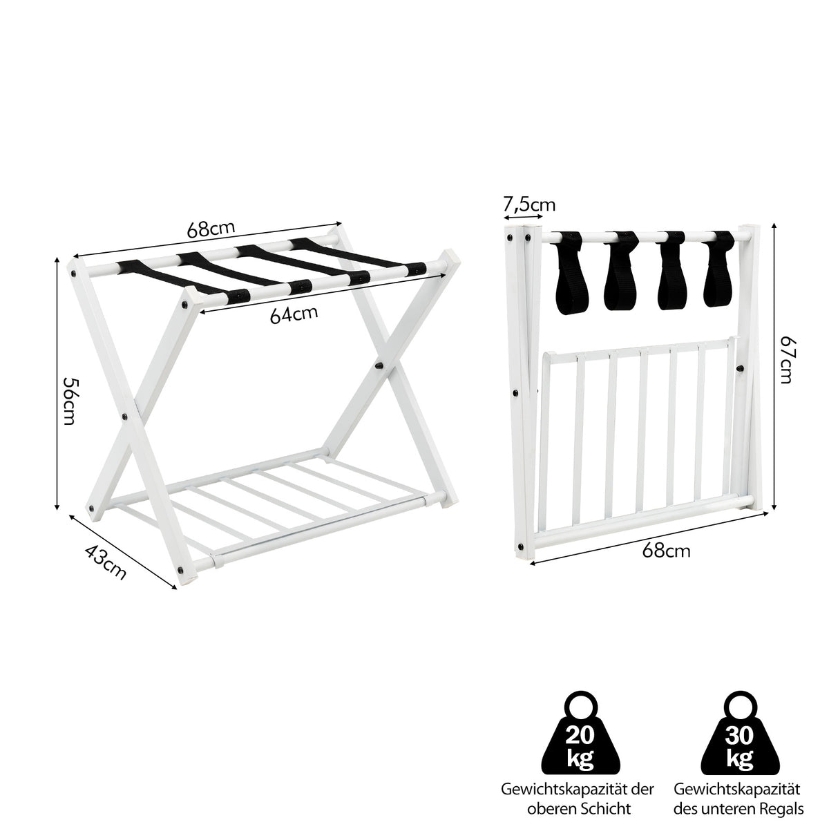 Foldable Luggage Rack, 2-Tier Metal, 60 kg, White