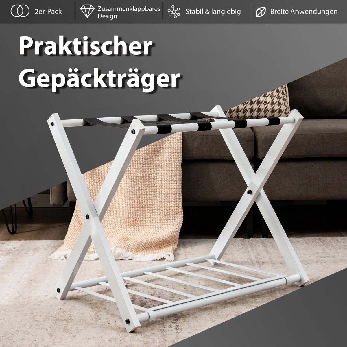 Foldable Luggage Rack, 2-Tier Metal, 60 kg, White