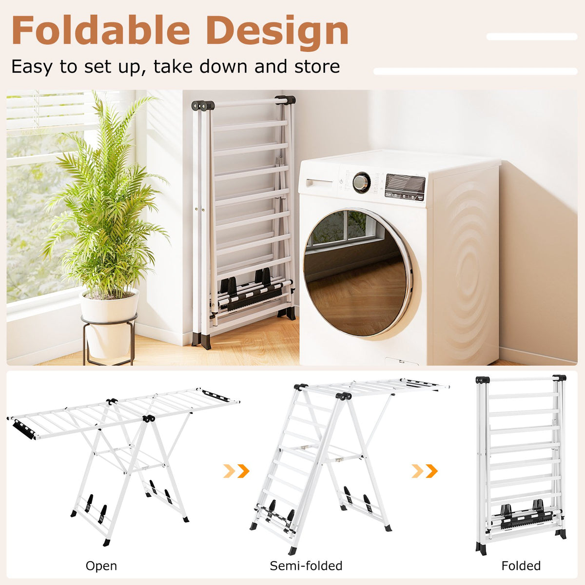 Foldable Metal Clothes Drying Rack With Adjustable Wings