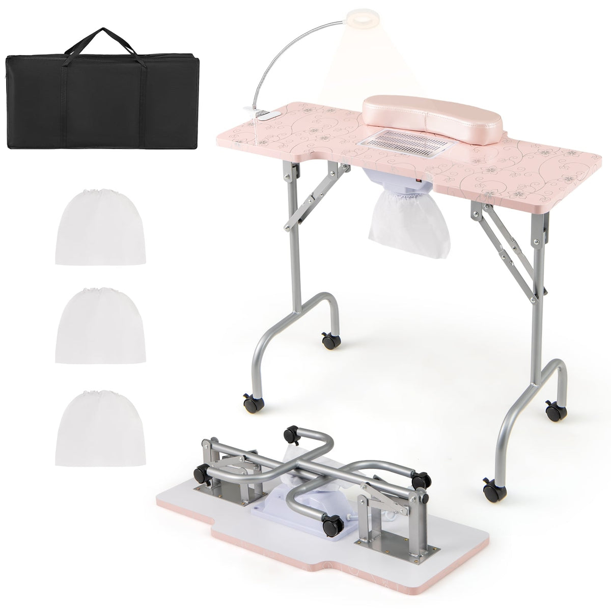 Foldable Nail Table with Electric Dust Collector, Pink