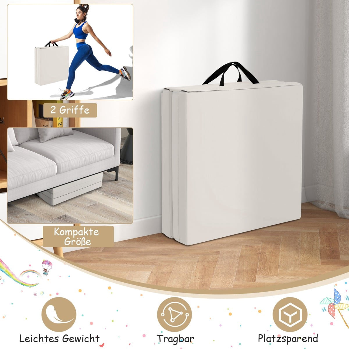 Foldable Non-Slip Gymnastics Mat, 180x60x5 cm, Gray-Beige