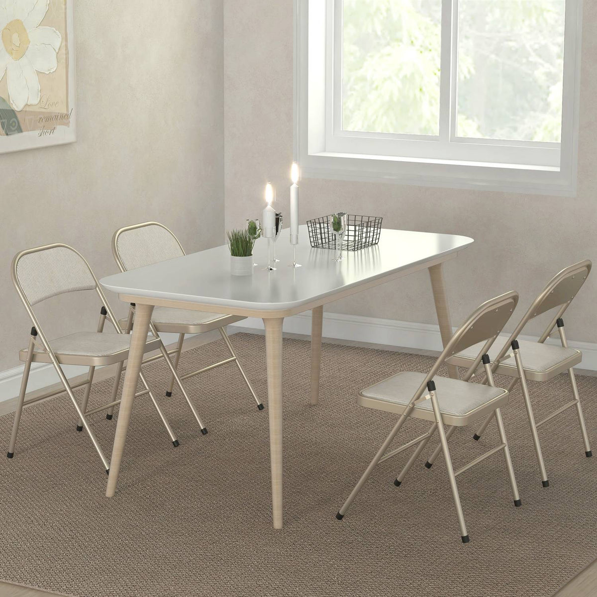 Foldable Padded Chairs, Set of 4 – Steel Frame, Beige
