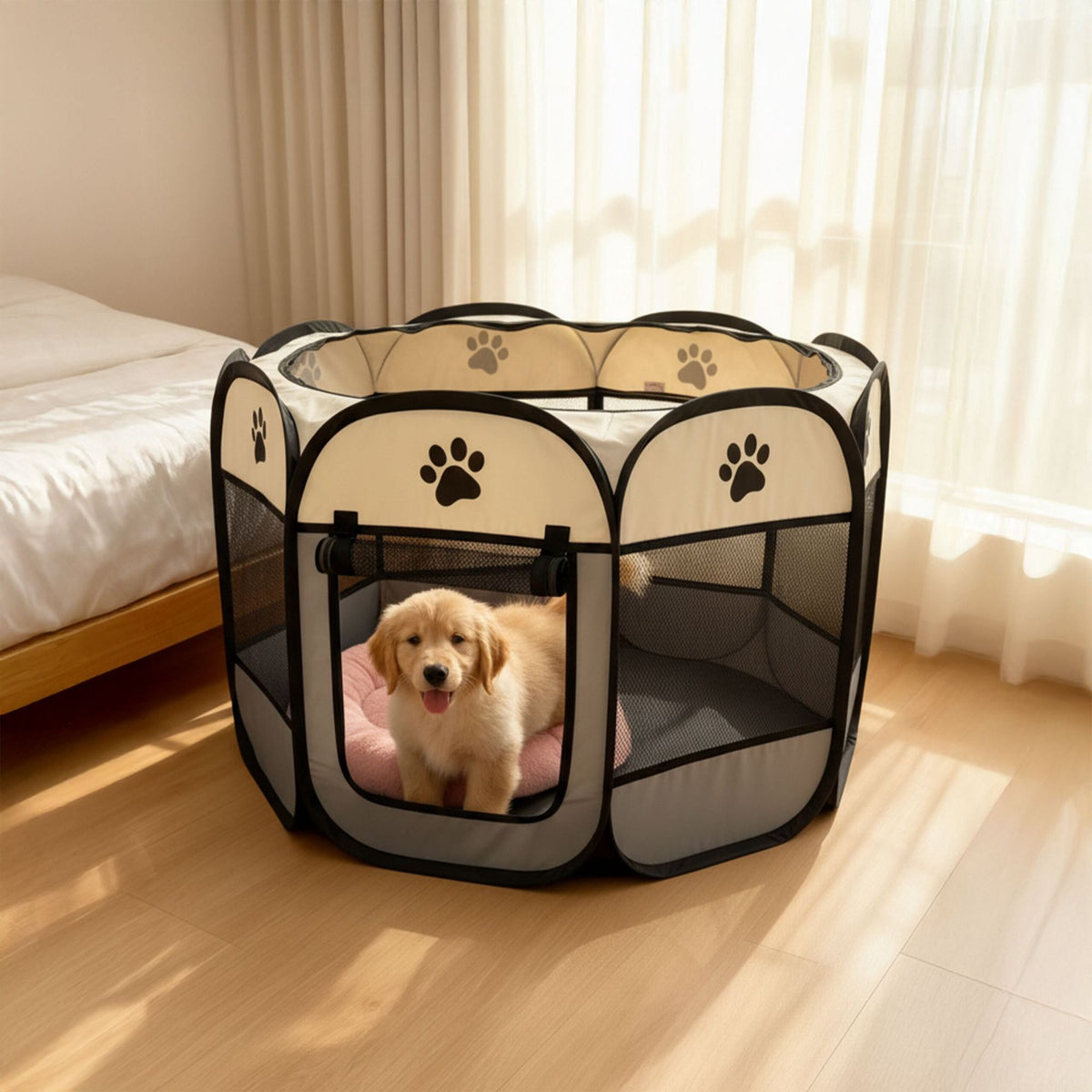 Foldable Pet Playpen, Indoor/Outdoor, Mesh Windows
