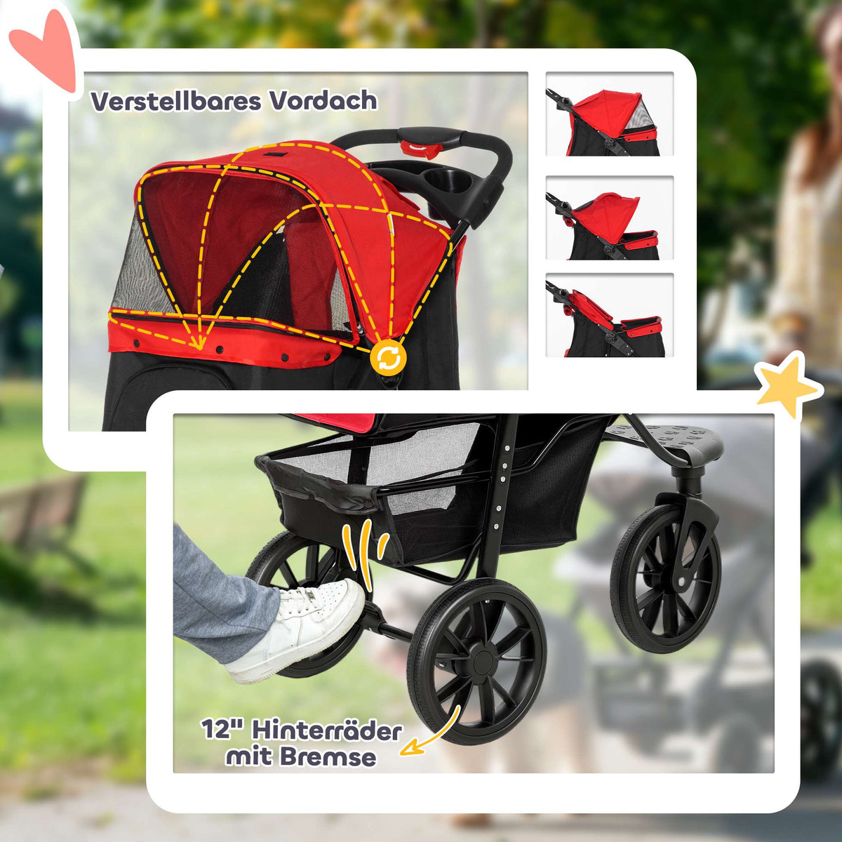 Foldable Pet Stroller, 3 Wheels, Mesh Windows, Red, 10kg Max