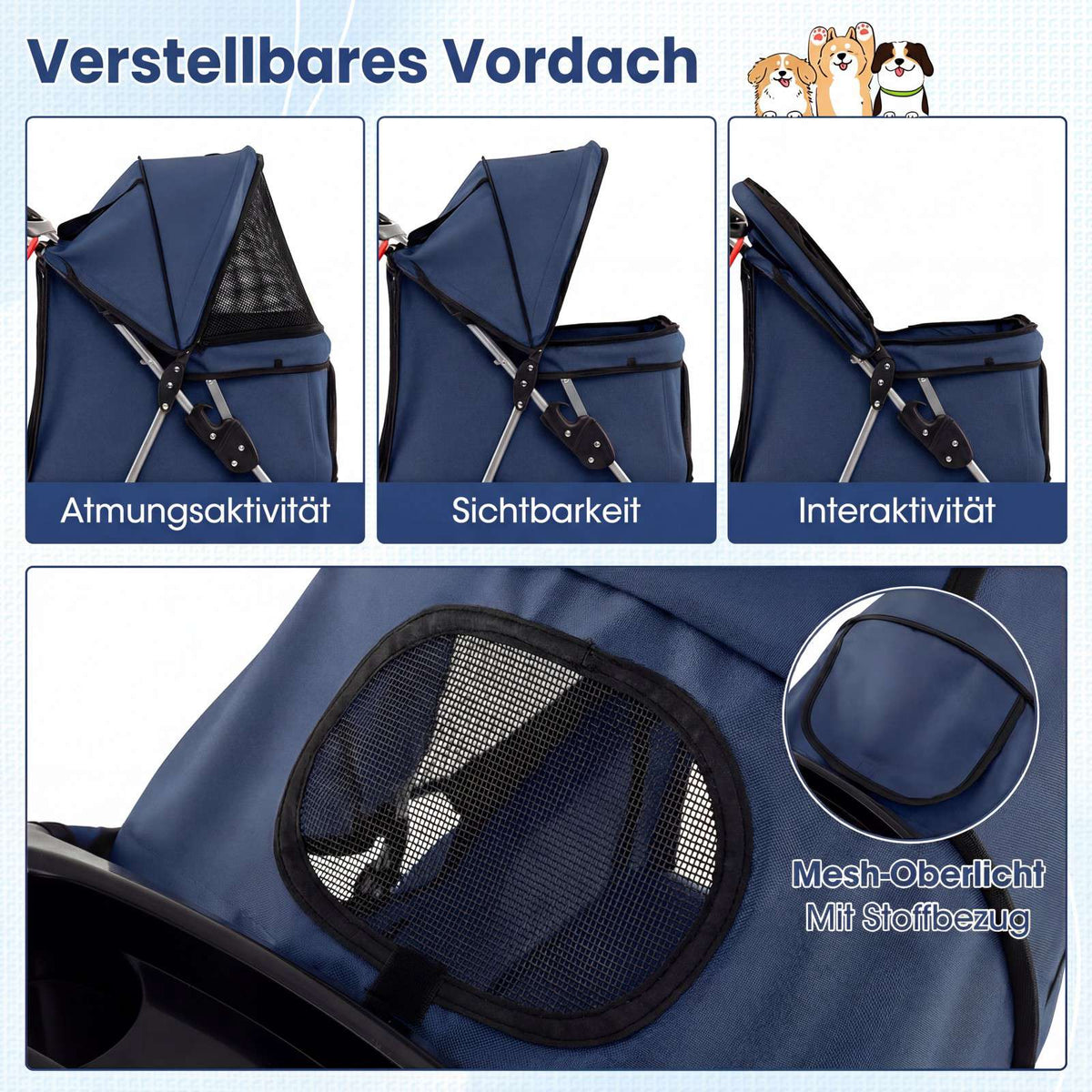 Foldable Pet Stroller, Breathable Mesh, All-Terrain Tires, Blue