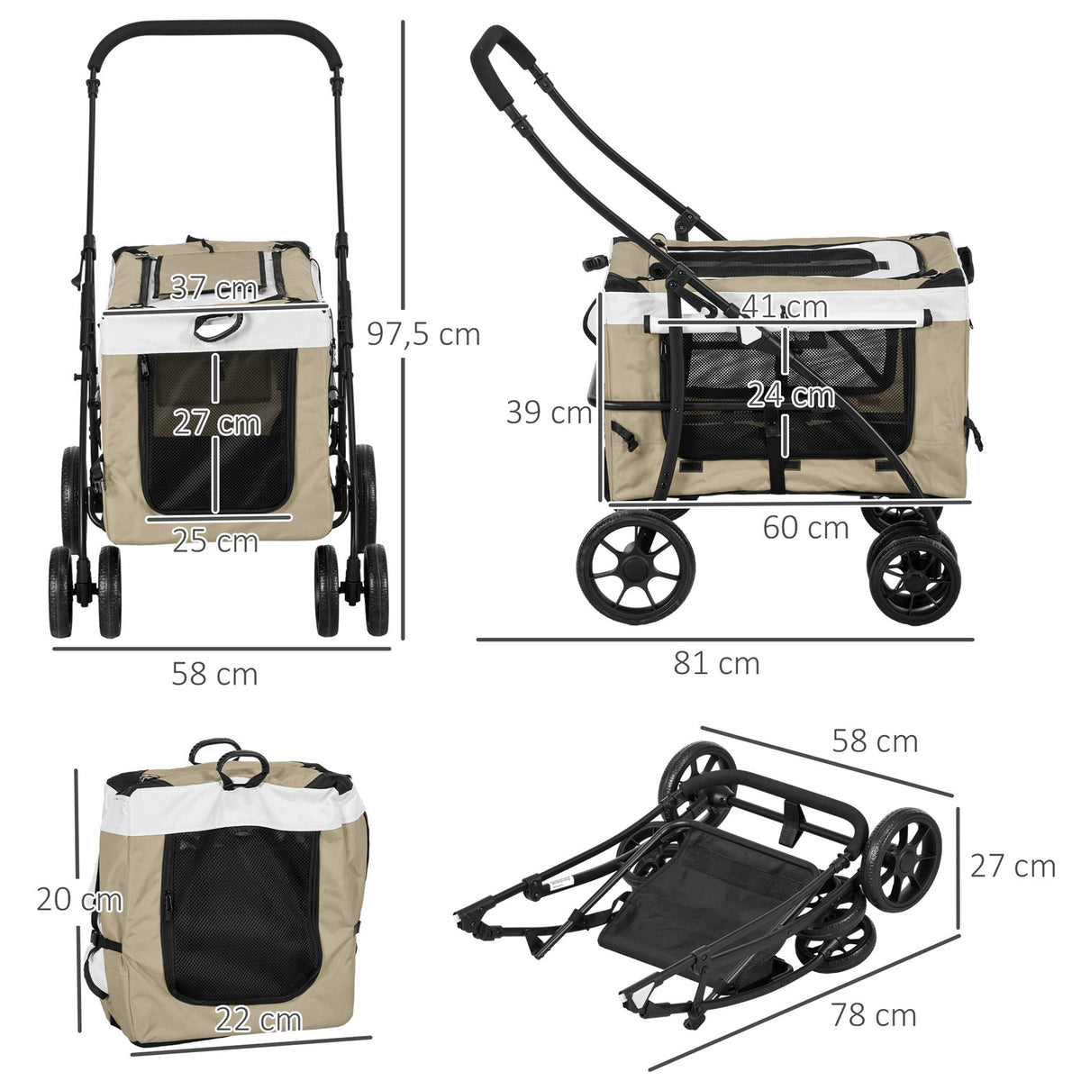 Foldable Pet Stroller for Dogs Cats, Detachable Carry Bag, Shoulder Straps, 4 Wheels with Brakes, 600D Oxford 81 x 58 x 97.5cm Khaki
