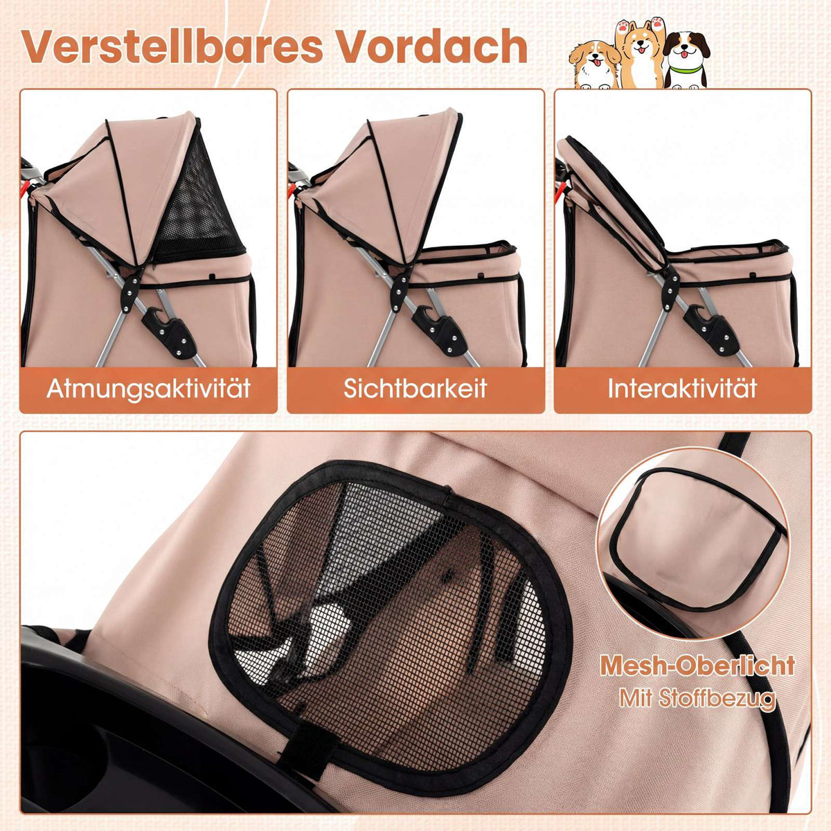 Foldable Pet Stroller with Mesh, All-Terrain Wheels, Beige