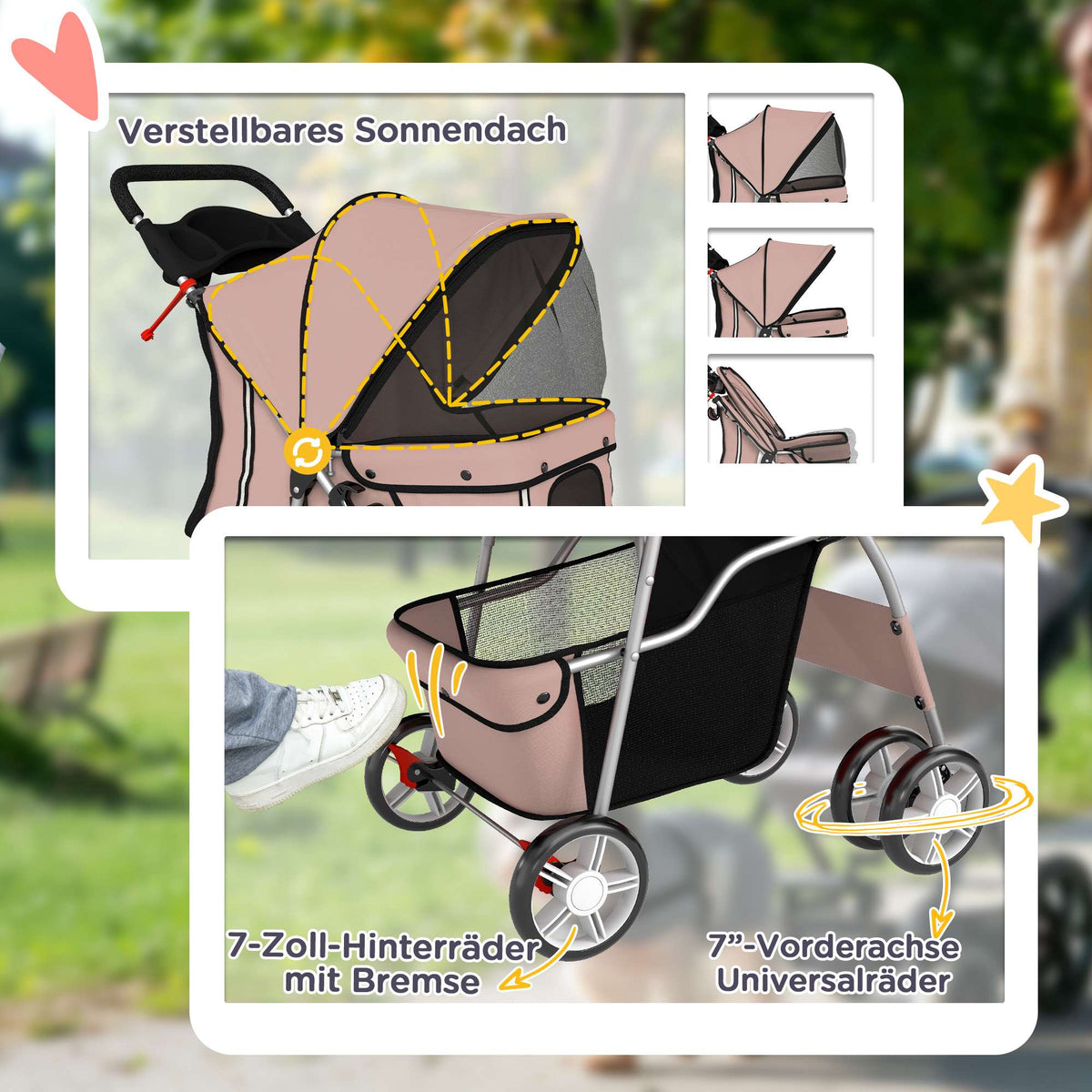 Foldable Pet Stroller with Reflective Strips, Coffee, 10kg Limit