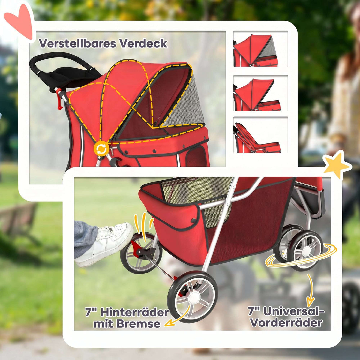 Foldable Pet Stroller with Storage, Red, for Small Dogs