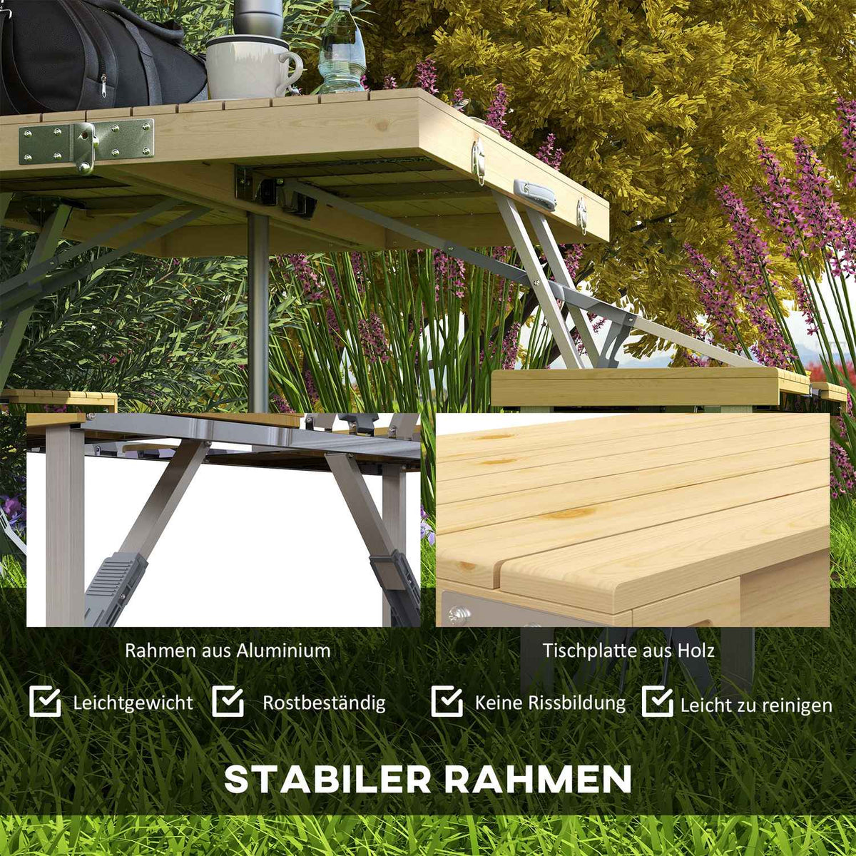 Foldable Picnic Table Garden Seating Group With Bench & Umbrella Hole, Portable Seating Group, Fir Tree, Natural