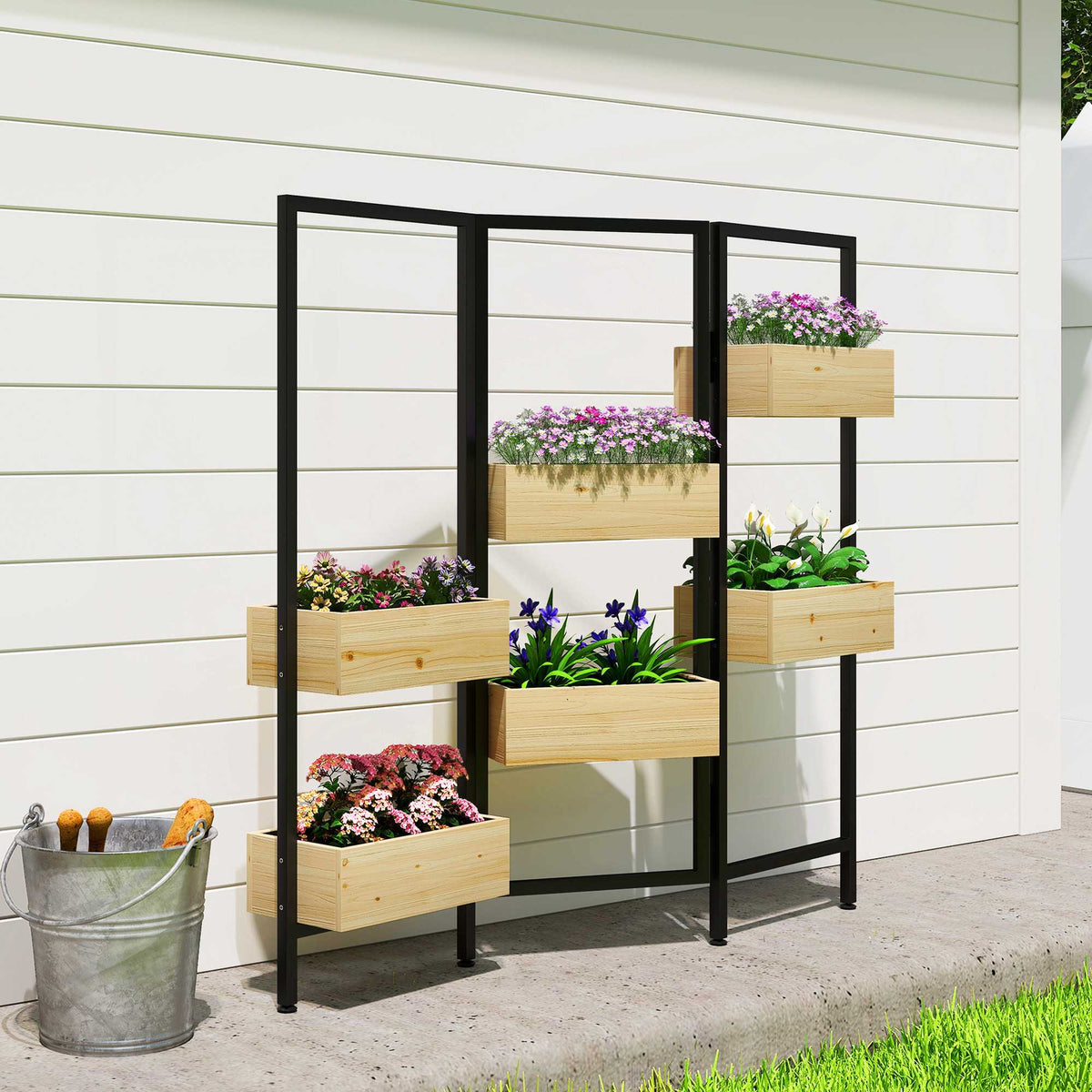 Foldable Planter Divider – 6 Wood Boxes, Steel Frame