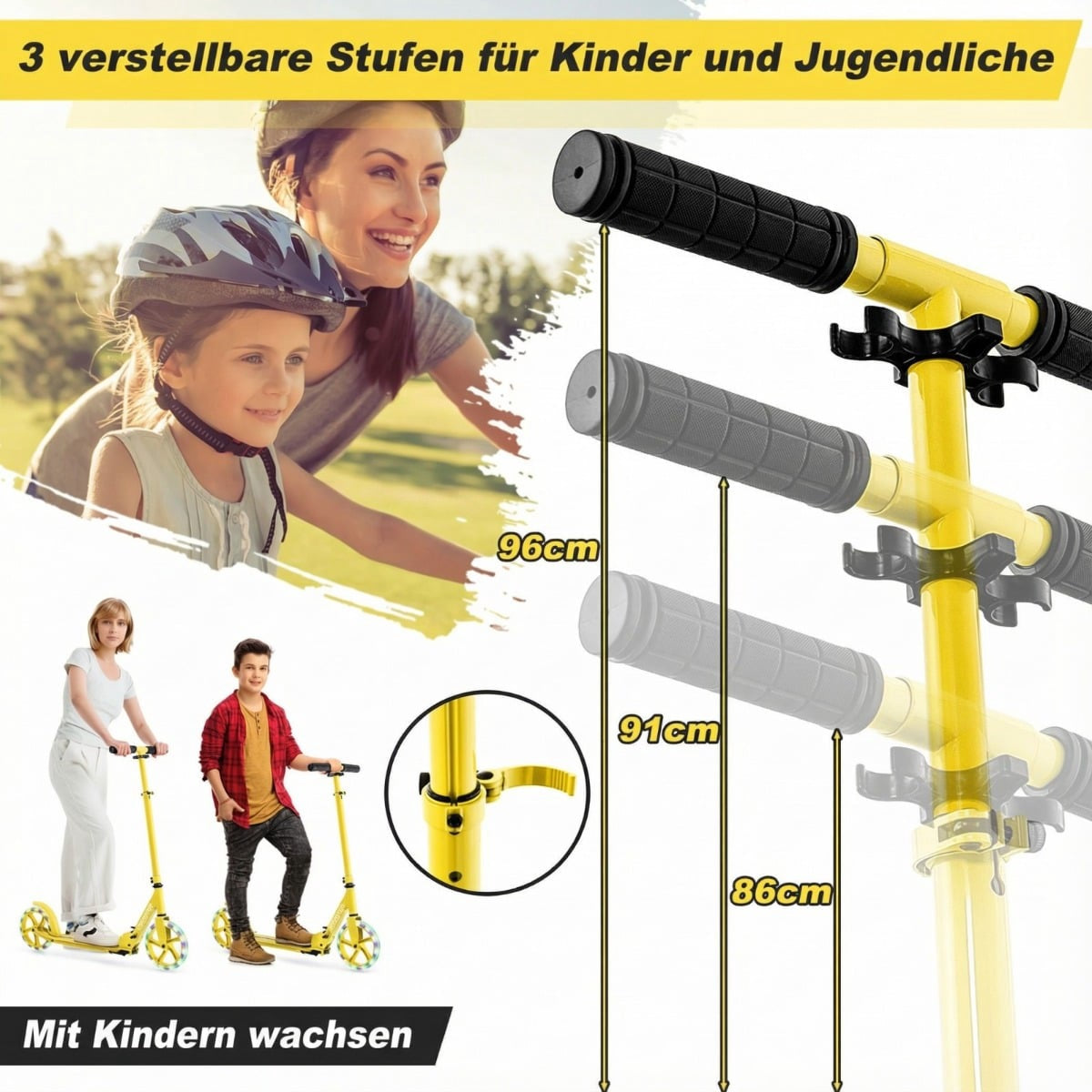 Foldable Scooter with 110kg Capacity, 2 LED Wheels, Adjustable Height