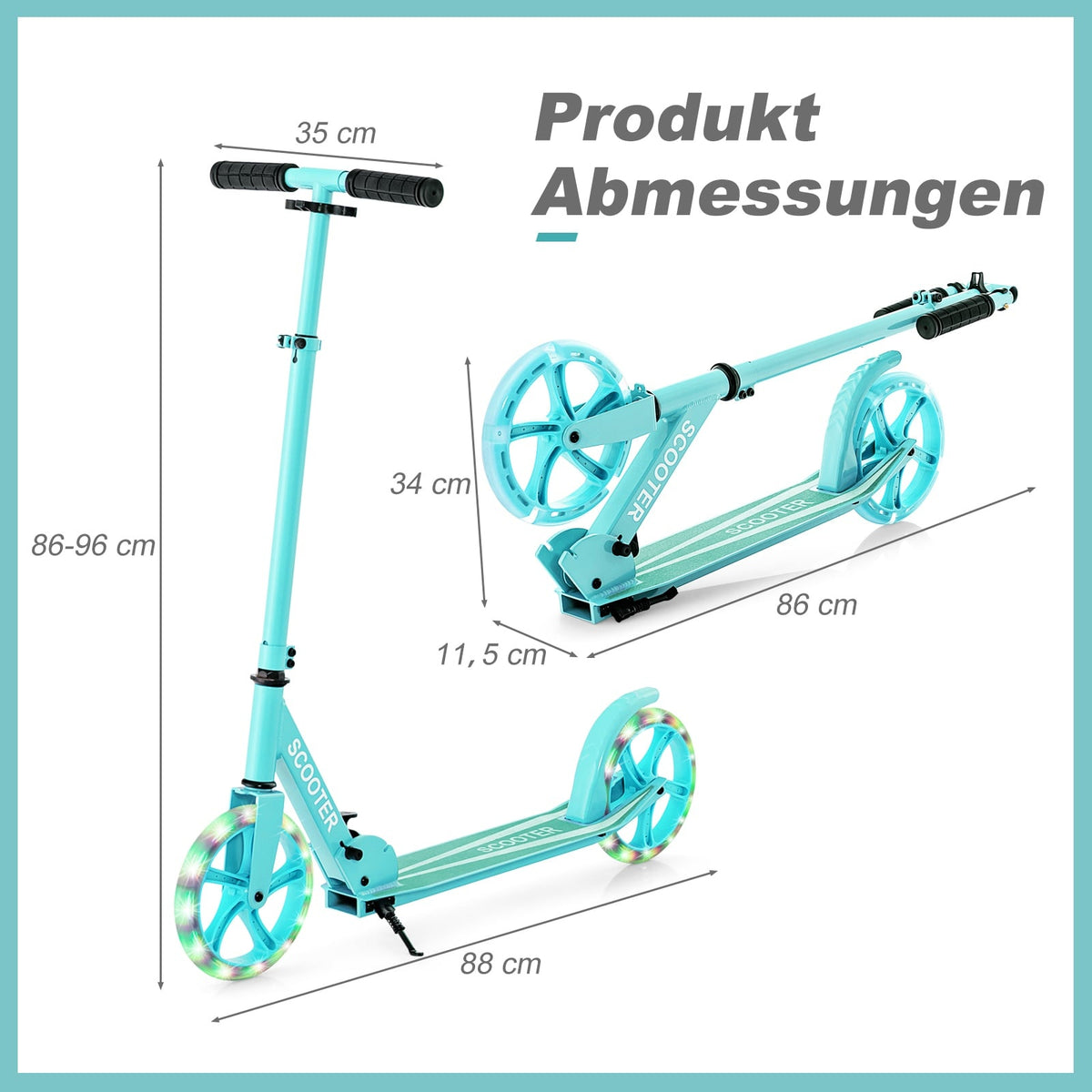 Foldable Scooter with 110kg Capacity, Adjustable LED Wheels