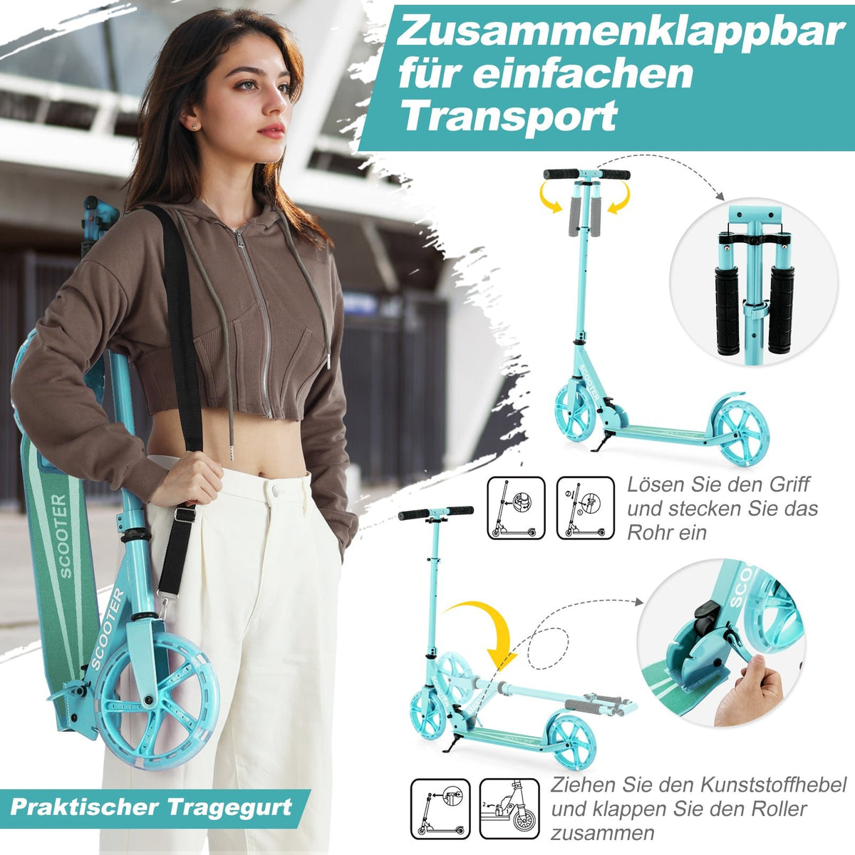 Foldable Scooter with 110kg Capacity, Adjustable LED Wheels