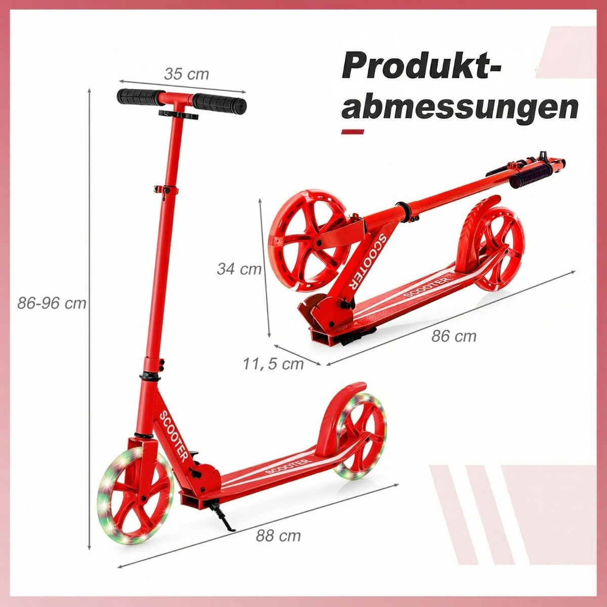 Foldable Scooter with LED Wheels, Adjustable Height, Red