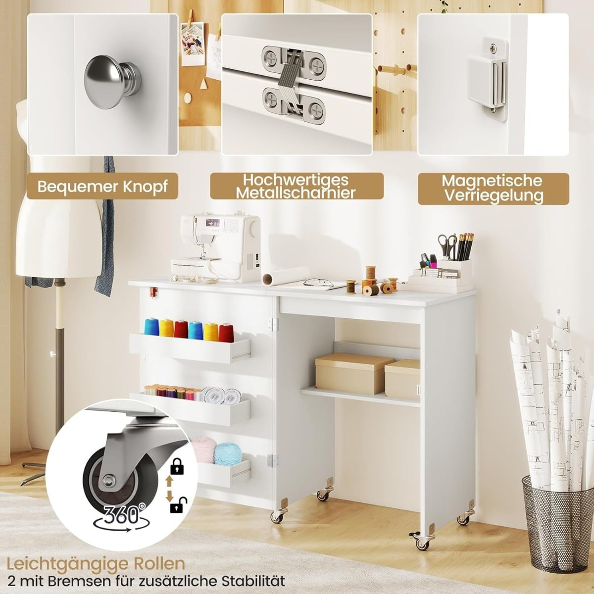 Foldable Sewing Table with Storage, 3 Hidden Compartments